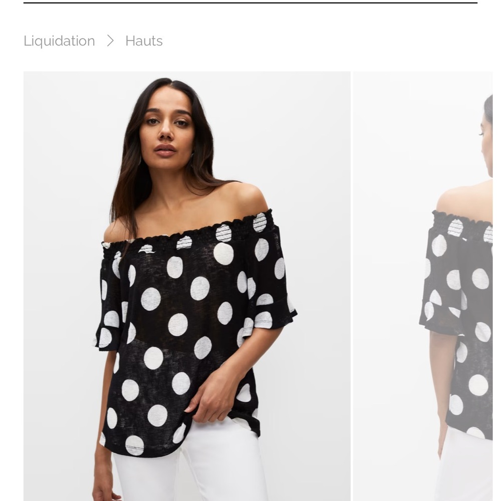 Poke a dot navy blue and white, open collar off the shoulder top!